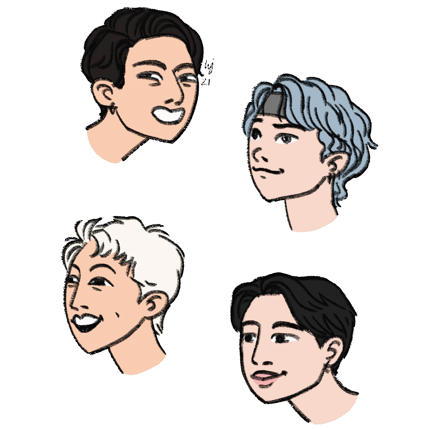 Floating cartoon faces of bts members j-hope, jimin, suga and v